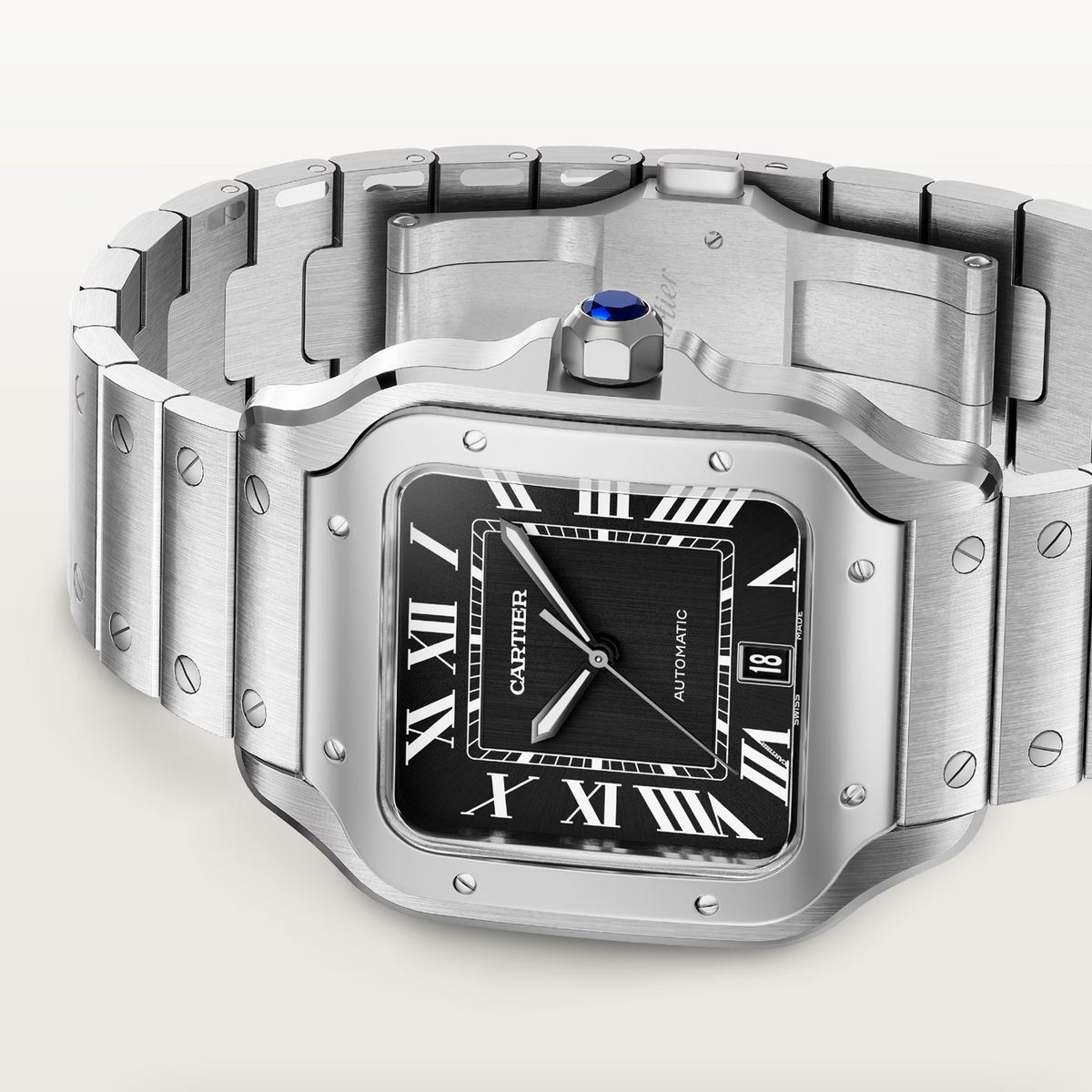 Cartier Santos WSSA0096 crown and bracelet detail